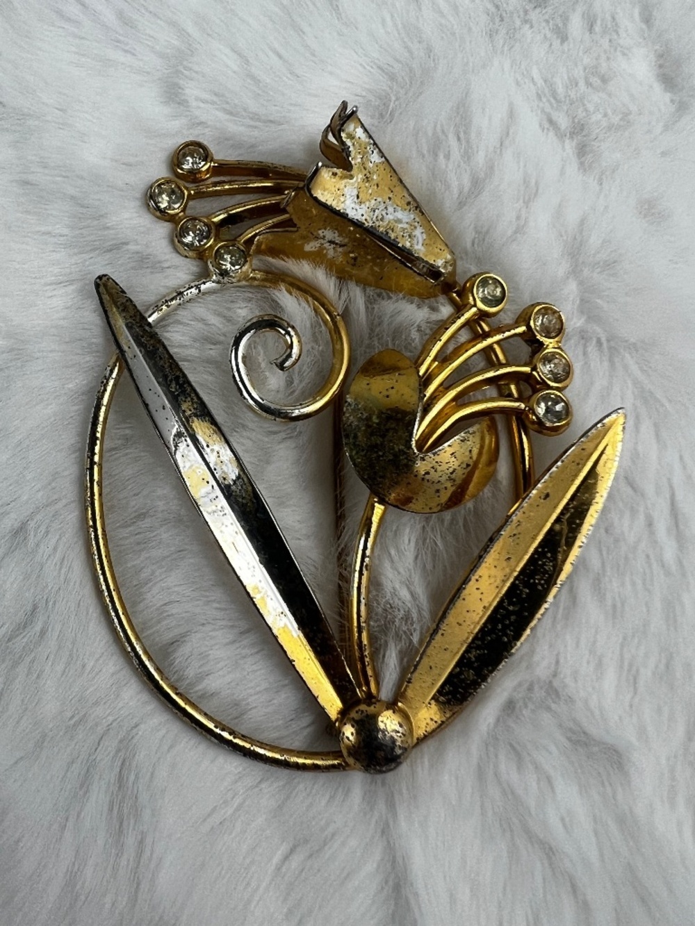 Vintage Gold Wash Sterling Silver Clear Crystal Pin Brooch